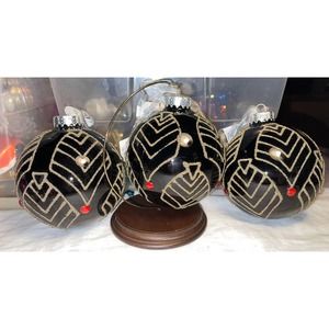 New 3 Vintage G&B Glass Christmas Ornaments 5” Black & Gold Glass Ornaments 3E32